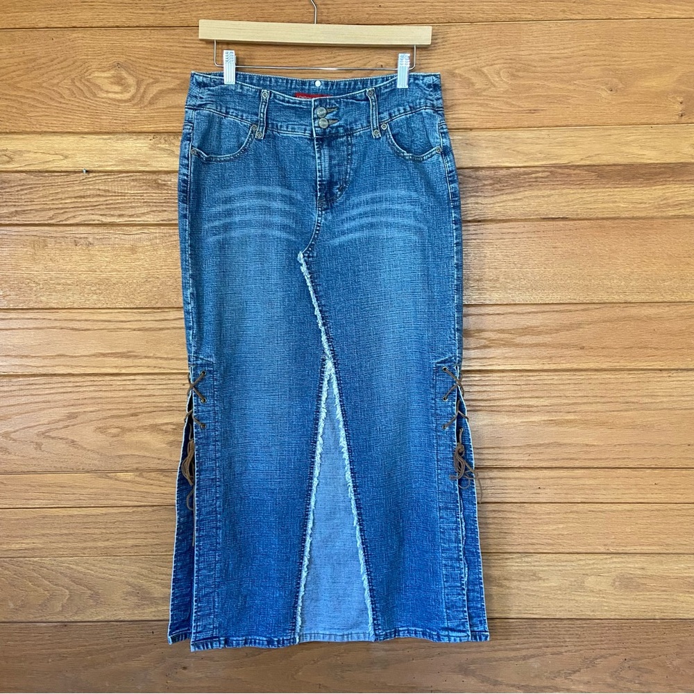 Y2K London Blue denim maxi distressed patchwork lace up skirt